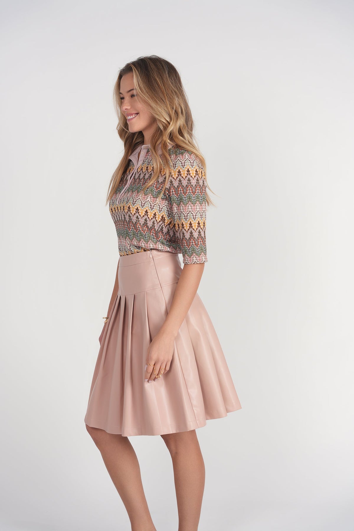 Drop Waist Leather Pleated Skirt- Pink