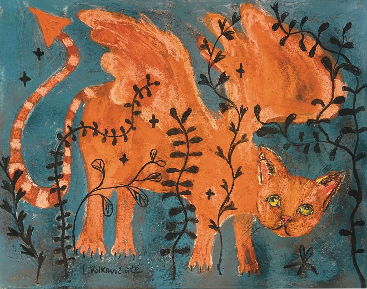 Dragonfly Cat: Winged Orange Cat Whimsical Pastel Art Print on Board