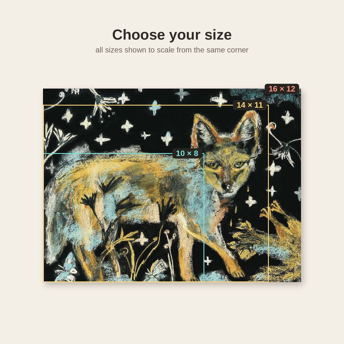 Nighttime Coyote and Chicken Folk Art Print on Board, Whimsical Wildlife Wall Art