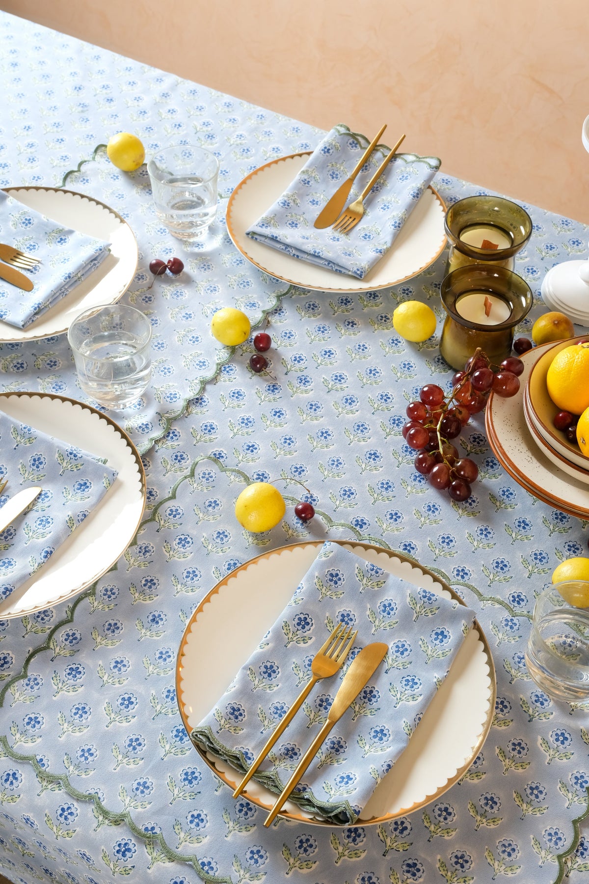 Mona Scallop Embroidered Blockprint Placemat in Blue, Set of 2