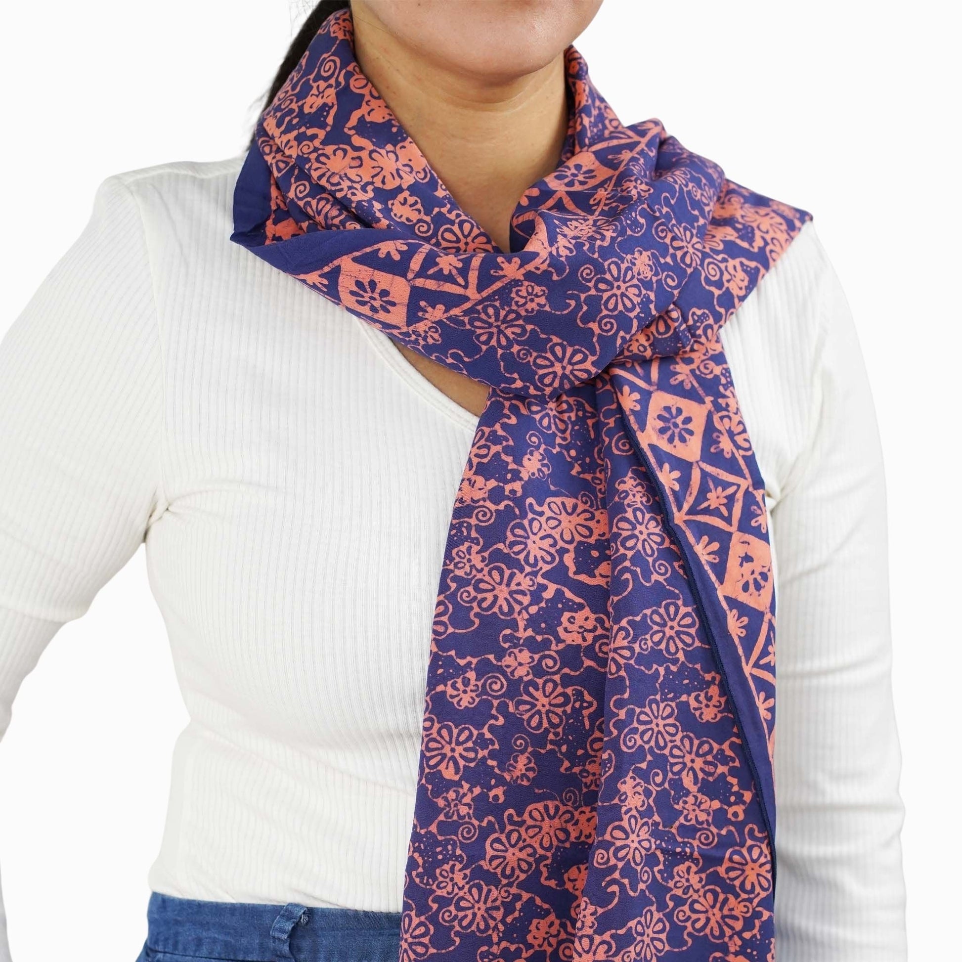 Hand Dyed Batik Scarf, Soft Cotton, Mangosteen, Blue, Pink, Fruit, Floral - Osadia Concept Store