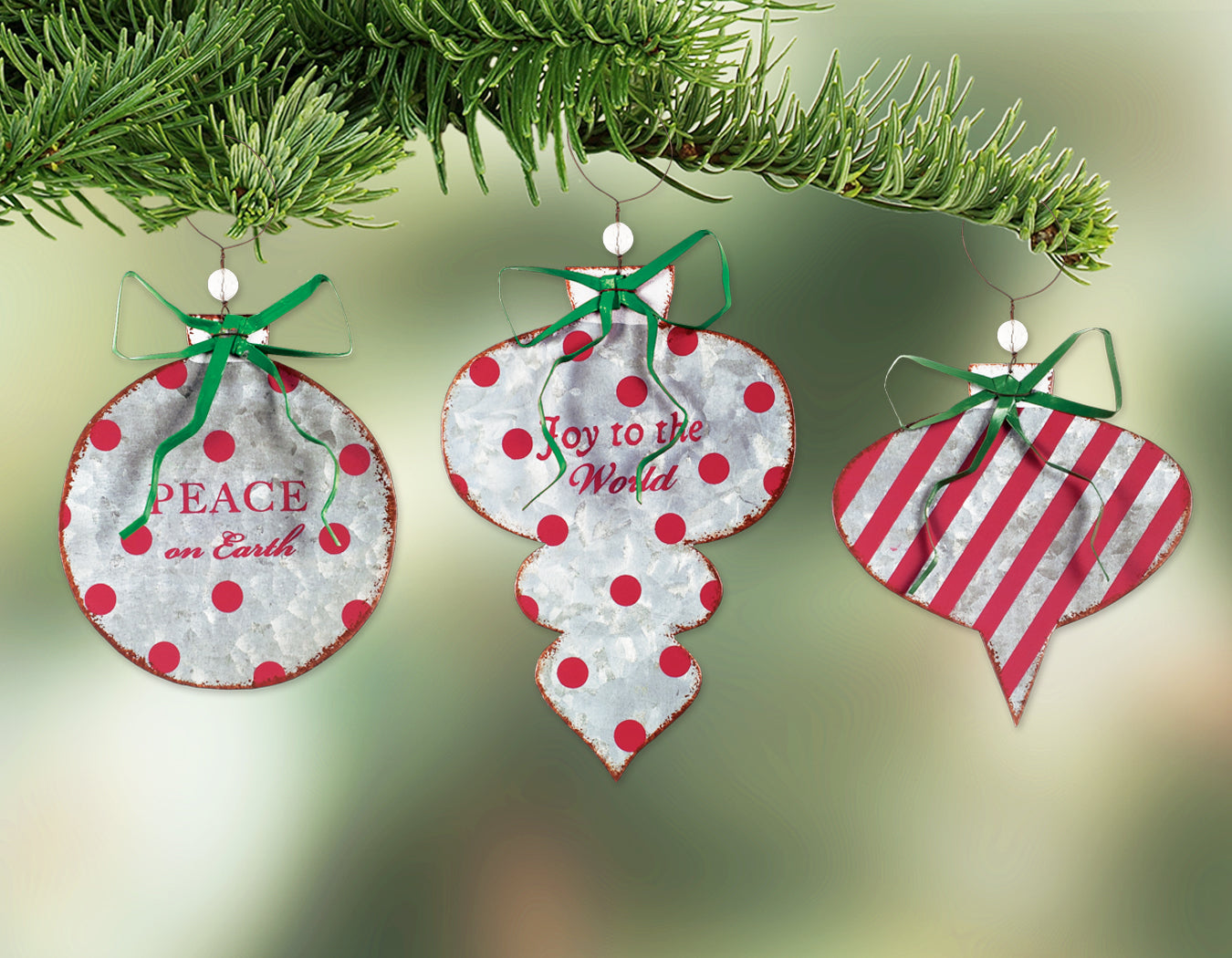 Festive Farmhouse Galvanized Metal Bauble Ornaments - Set of 3
