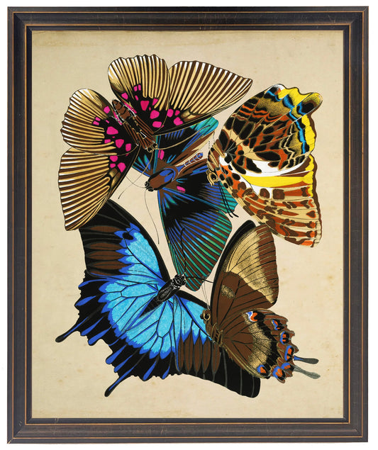 Vintage bright multi butterfly print on a distressed background in a copper and black shaped frame sized 18x24