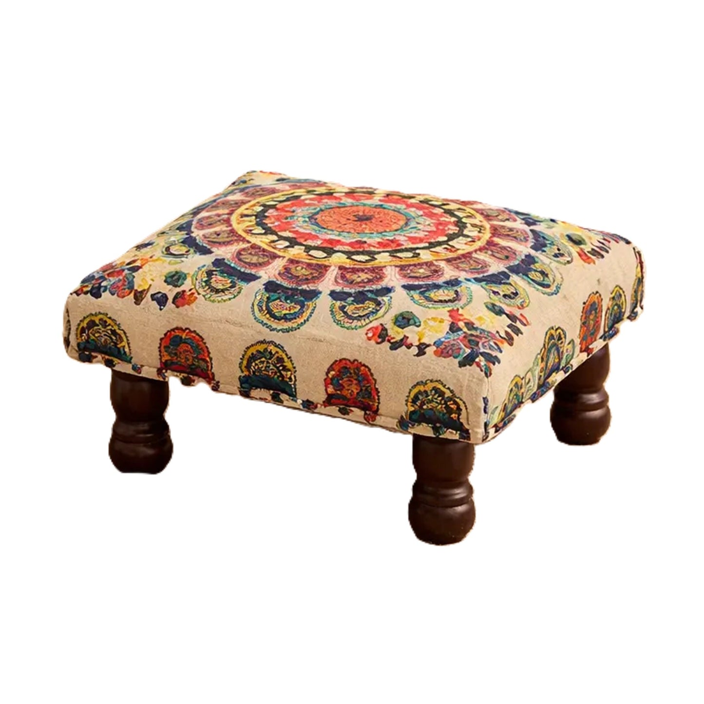 Mystic Mandala Foot Stool | Beige Cotton Fabric | 16 x 9"