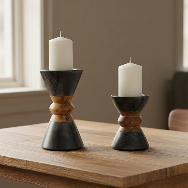 Monarch Marble & Acacia Candleholder, Black