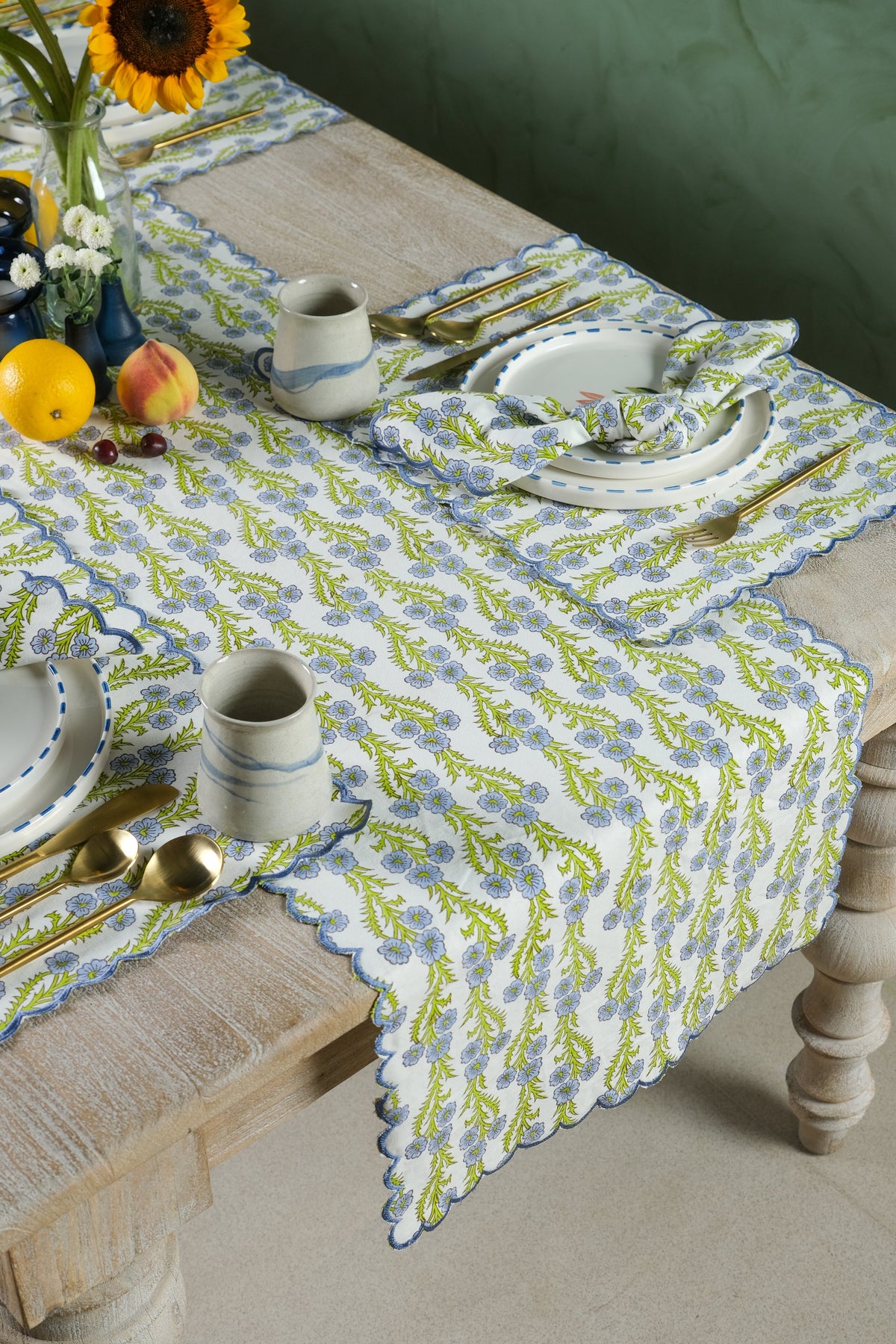 Forget-Me-Not Scallop Embroidered Blockprint Table Runner