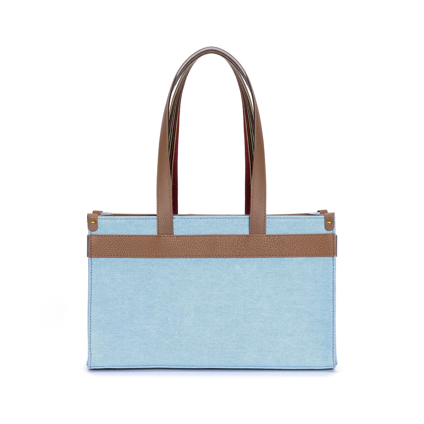 Midi Tobacco Leather & Denim Canvas Tote Bag with Pockets