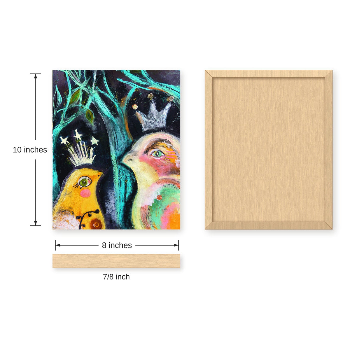 New Friend: Two Birds Whimsical Wall Art Print on Board, Turquoise & Yellow Folk Art