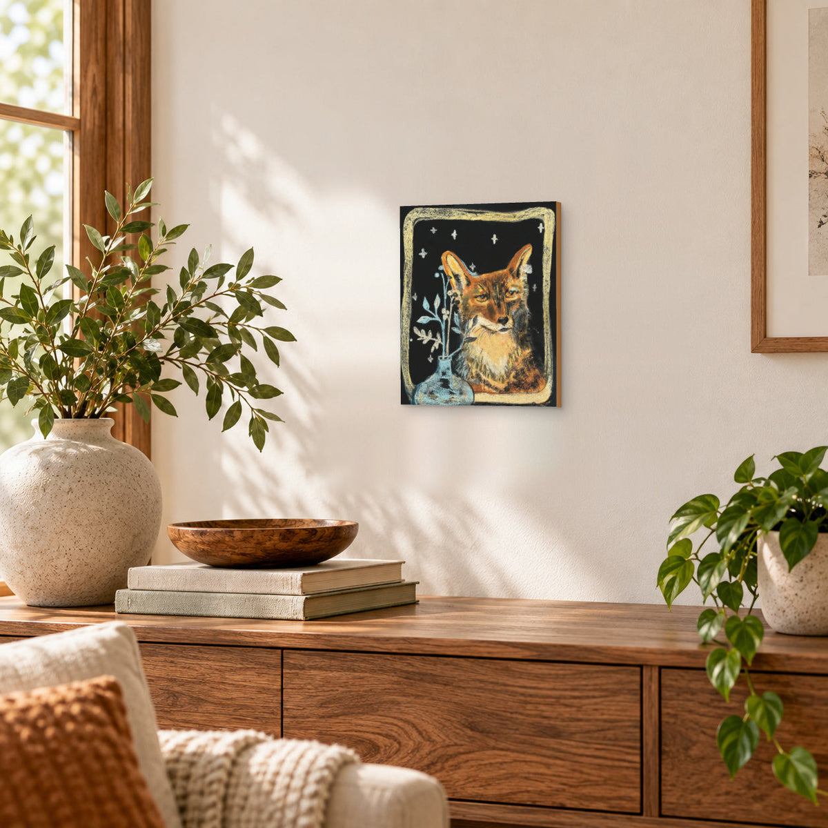 Fox in the Window with Vase, Starry Night Wildlife Art Print on Board