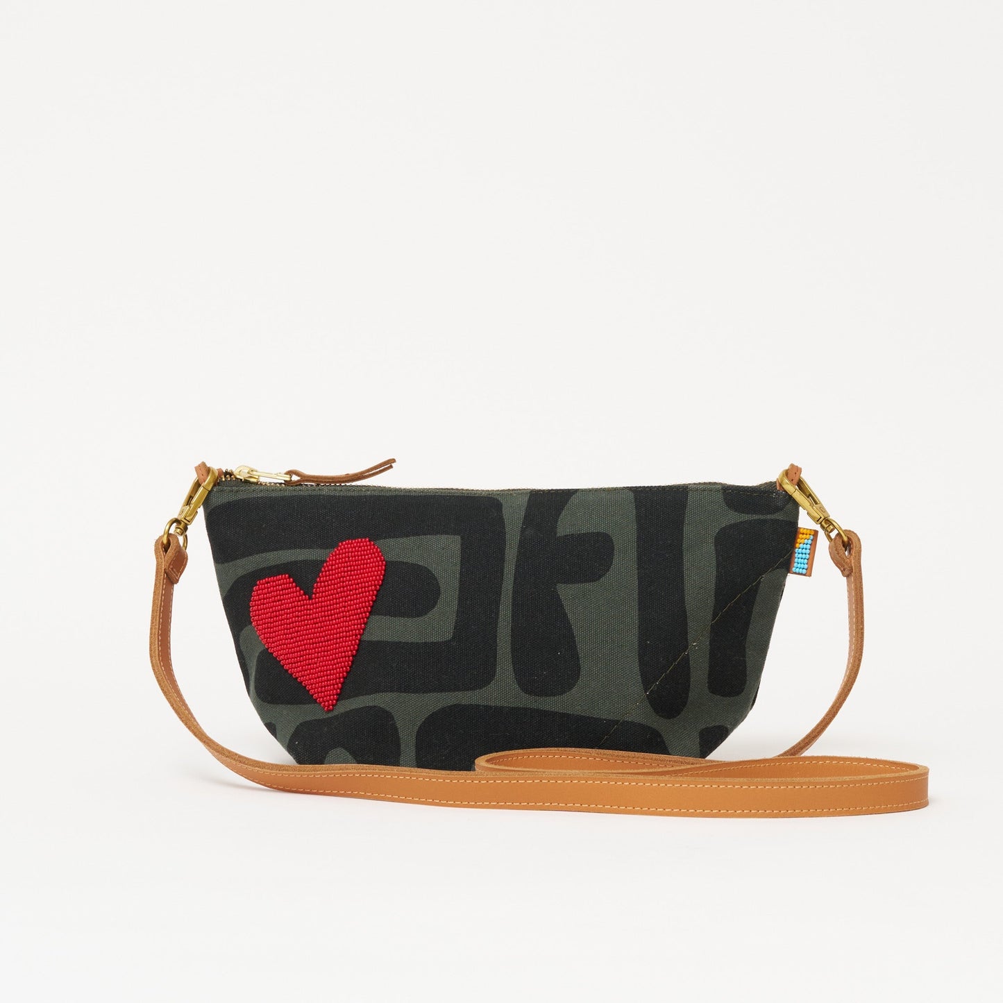 Large Convertible Pouch - Safari Kuba with Beaded Red Heart with Short Leather Strap