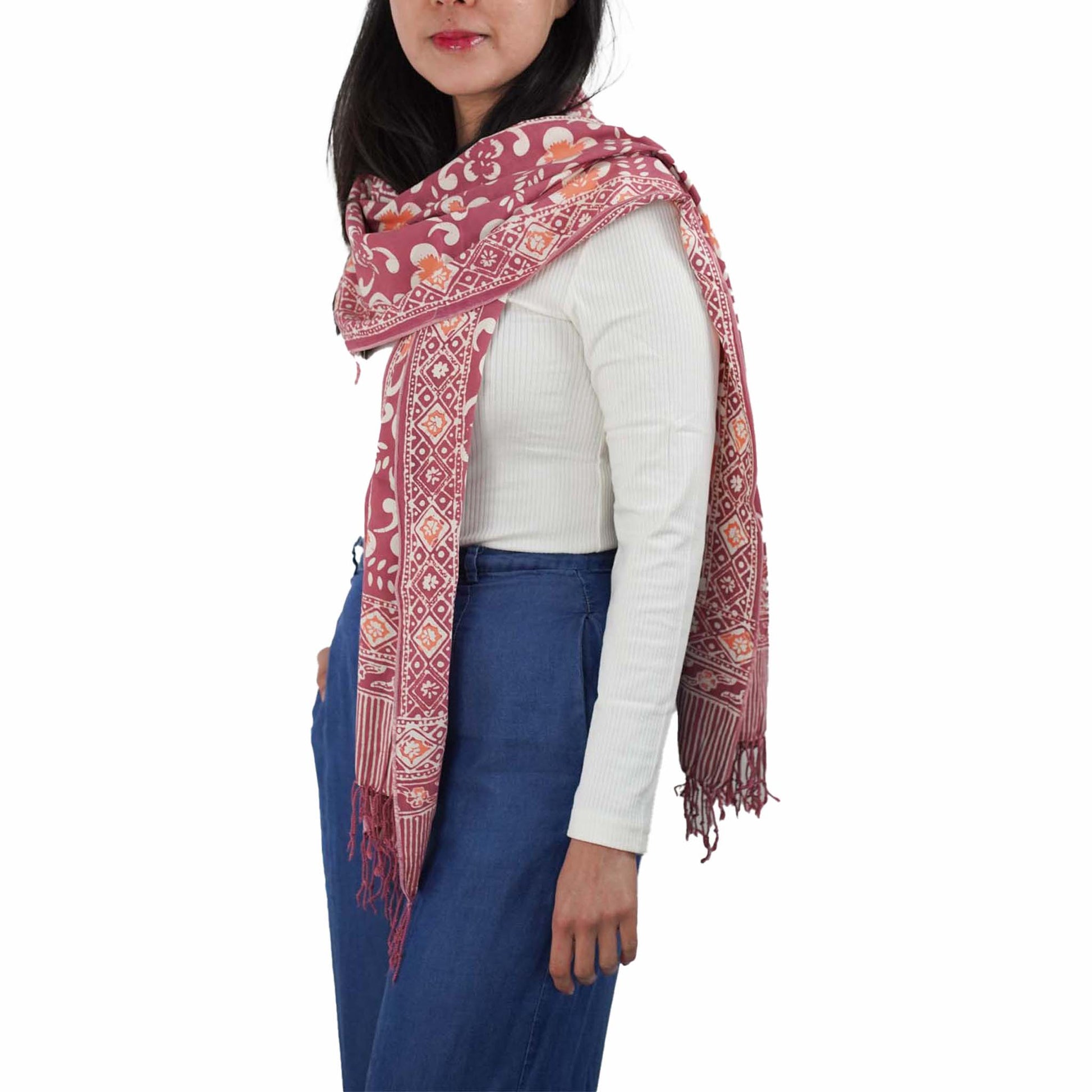 Handmade Batik Scarf, Cotton, Plumeria, Pink, Purple, Peach - Osadia Concept Store