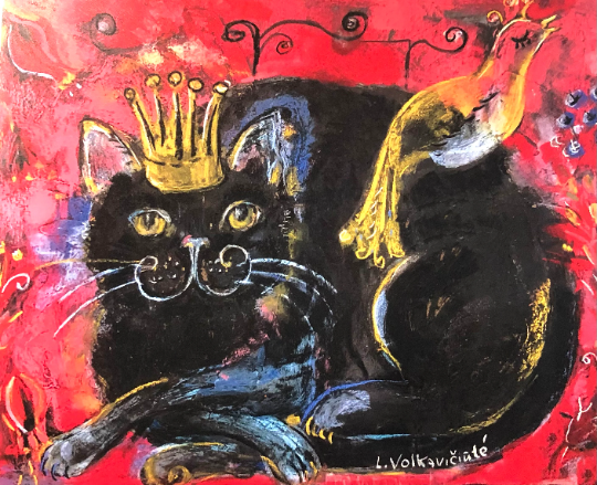 Crowned Black Cat with Bird: Red Folk Art Print on Board