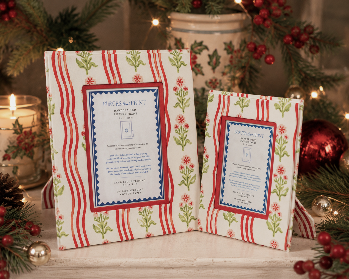 Medium Block Print Photo Frame (4 x 6) - Holly & Berry