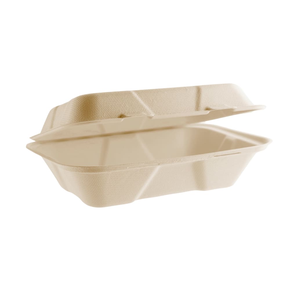 Vegware 9 × 6 in Large Bagasse Clamshell, Oatmeal (QTY 200), SKU VA-SH89N