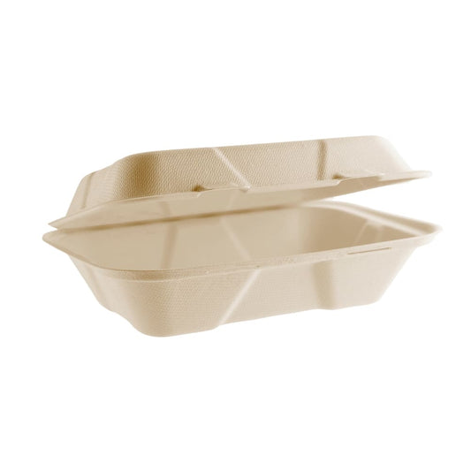 Vegware 9 × 6 in Large Bagasse Clamshell, Oatmeal (QTY 200), SKU VA-SH89N