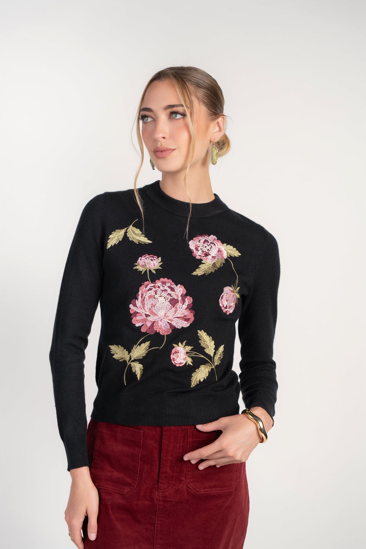 Floral Embroidered Crew Neck Sweater- Floral Artwork on Black