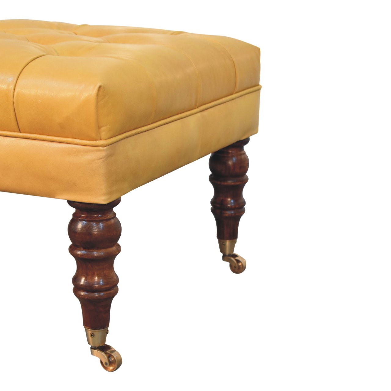 Solid Wood Honey Caramel Buffalo, Leather Ottoman with Castor Legs