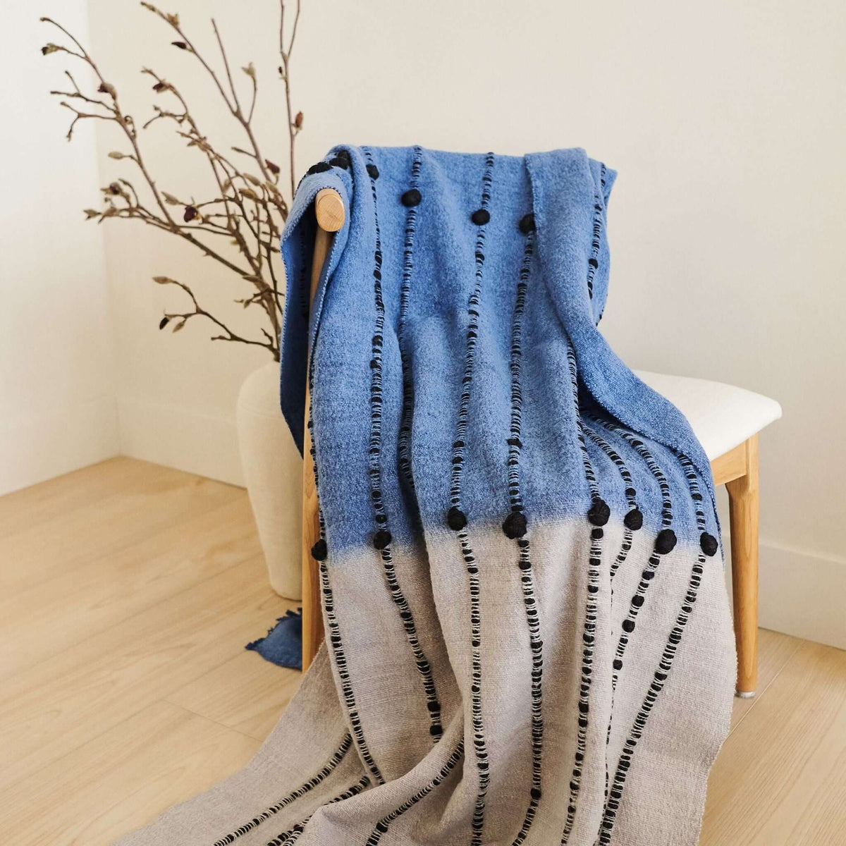 Mari Serene Blue Gray Calming Hues Hand Woven Hand Knotted Textured Merino Throw