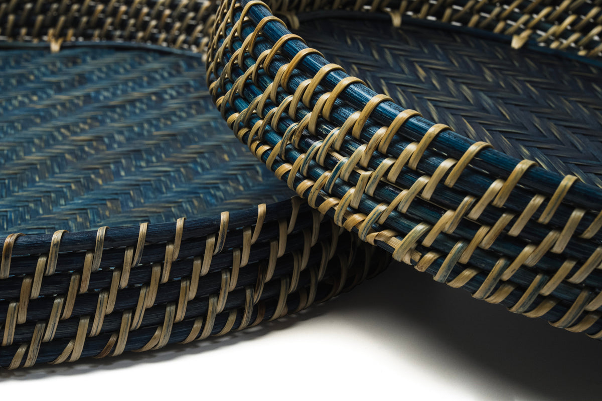 Round Rattan Tray - Navy Blue