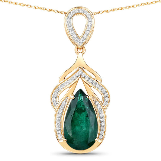 IGI Certified 4.33 Carat Genuine Zambian Emerald and White Diamond 14K Yellow Gold Pendant