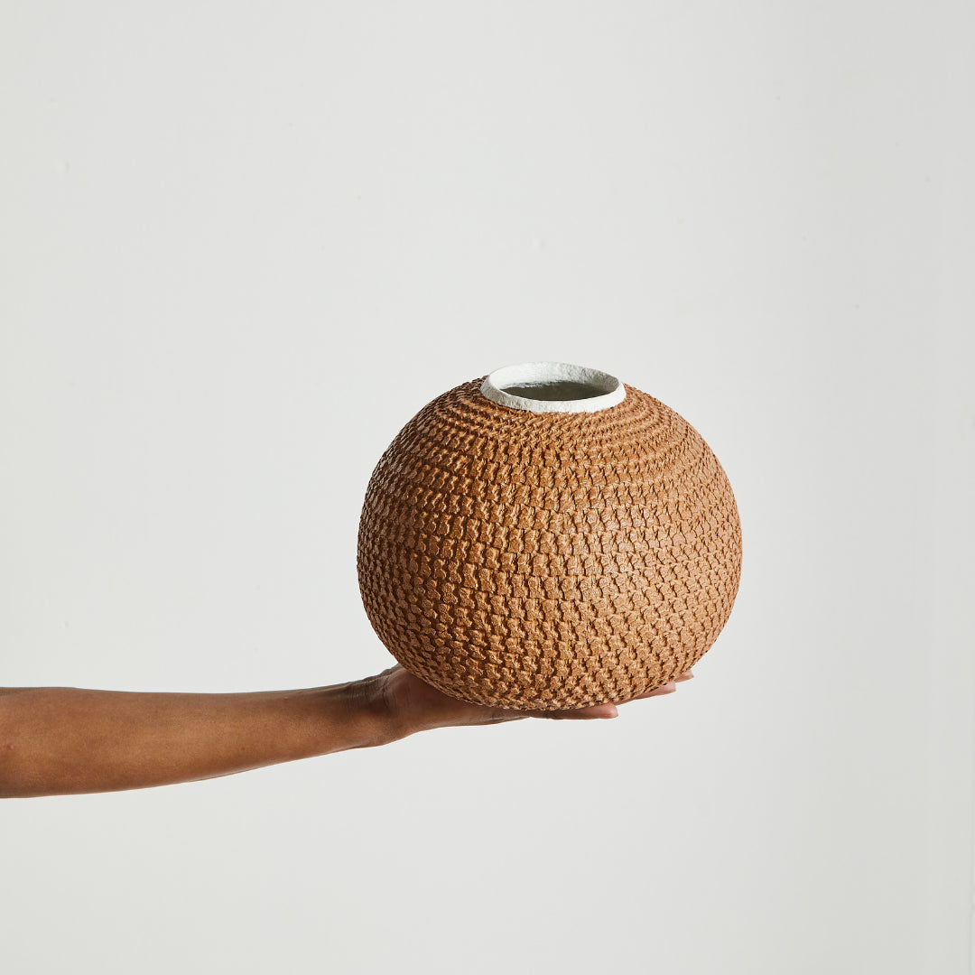 African Bibi Papier Vase in Pink, Rust, and Blue