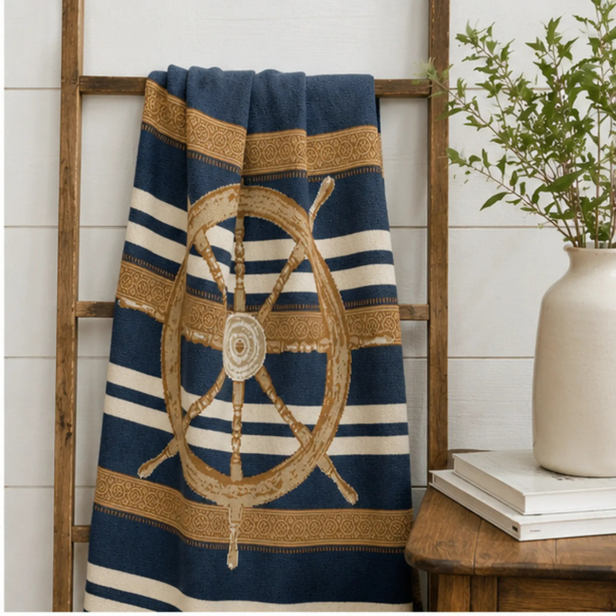 Nautical Captain's Wheel - Cotton Sustainable Knit Traditional Throw Blanket