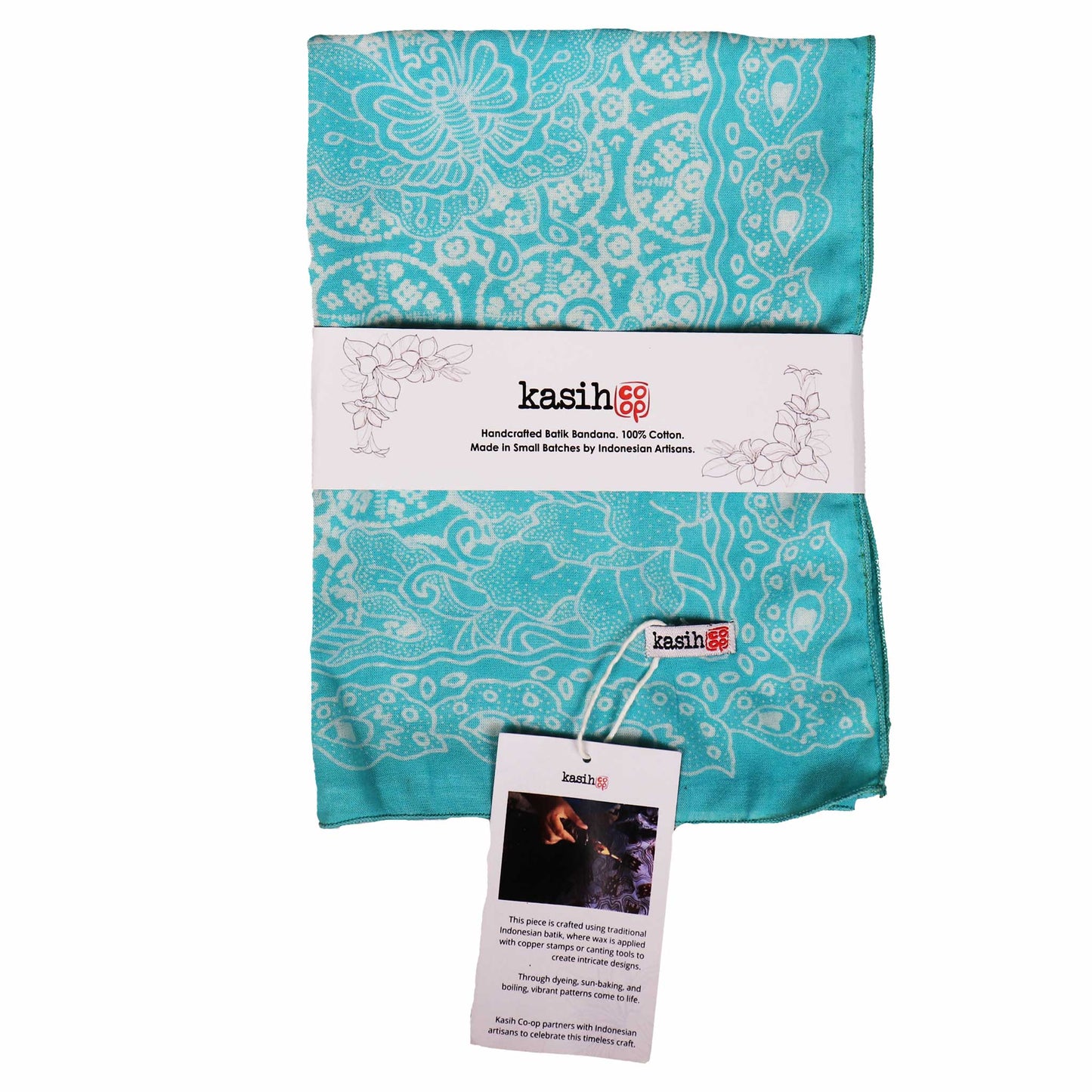 Fully Hand Drawn Batik Tulis Bandana, Teal Tile, Butterfly, Turquoise