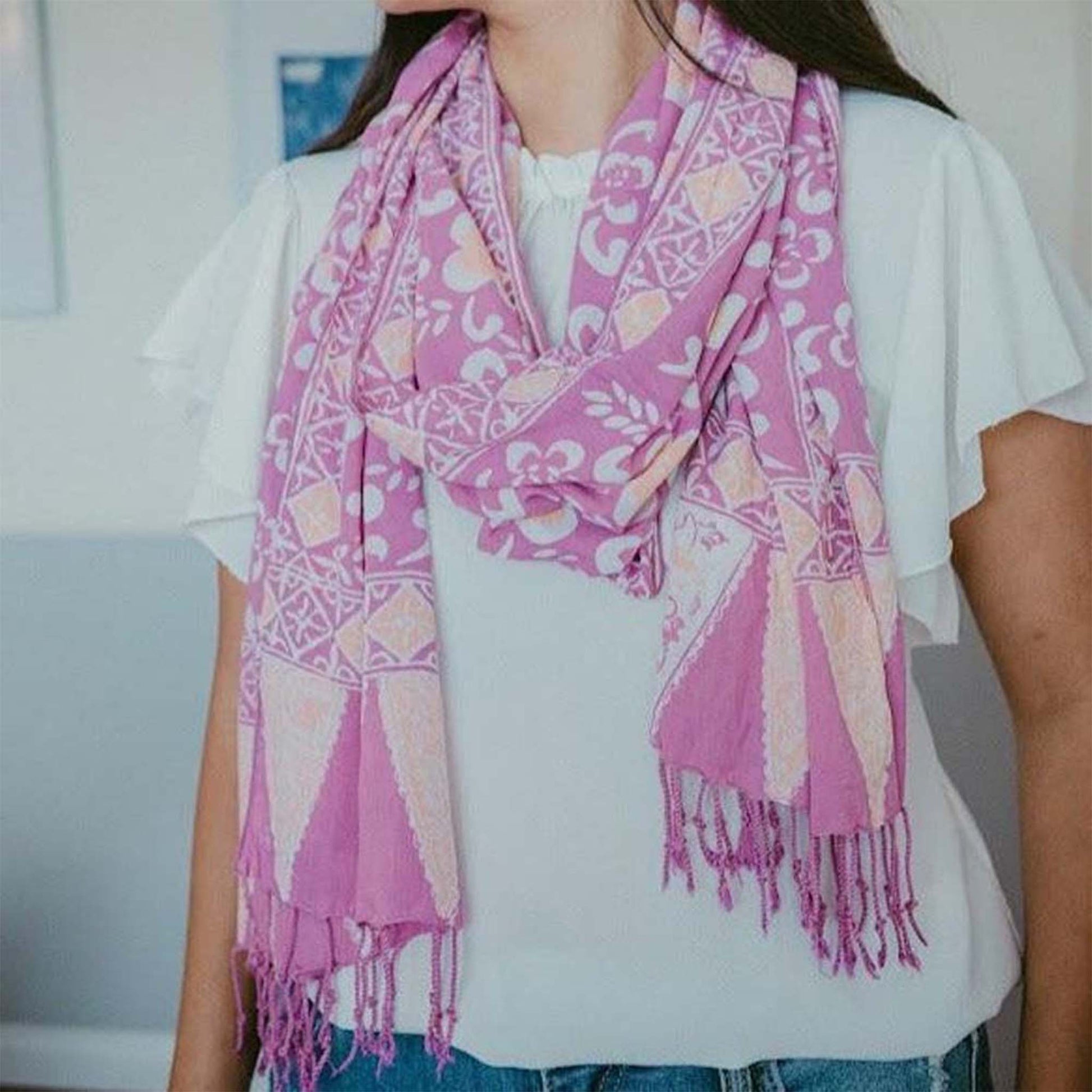 Handmade Batik Scarf, Cotton, Plumeria, Pink, Purple, Peach - Osadia Concept Store