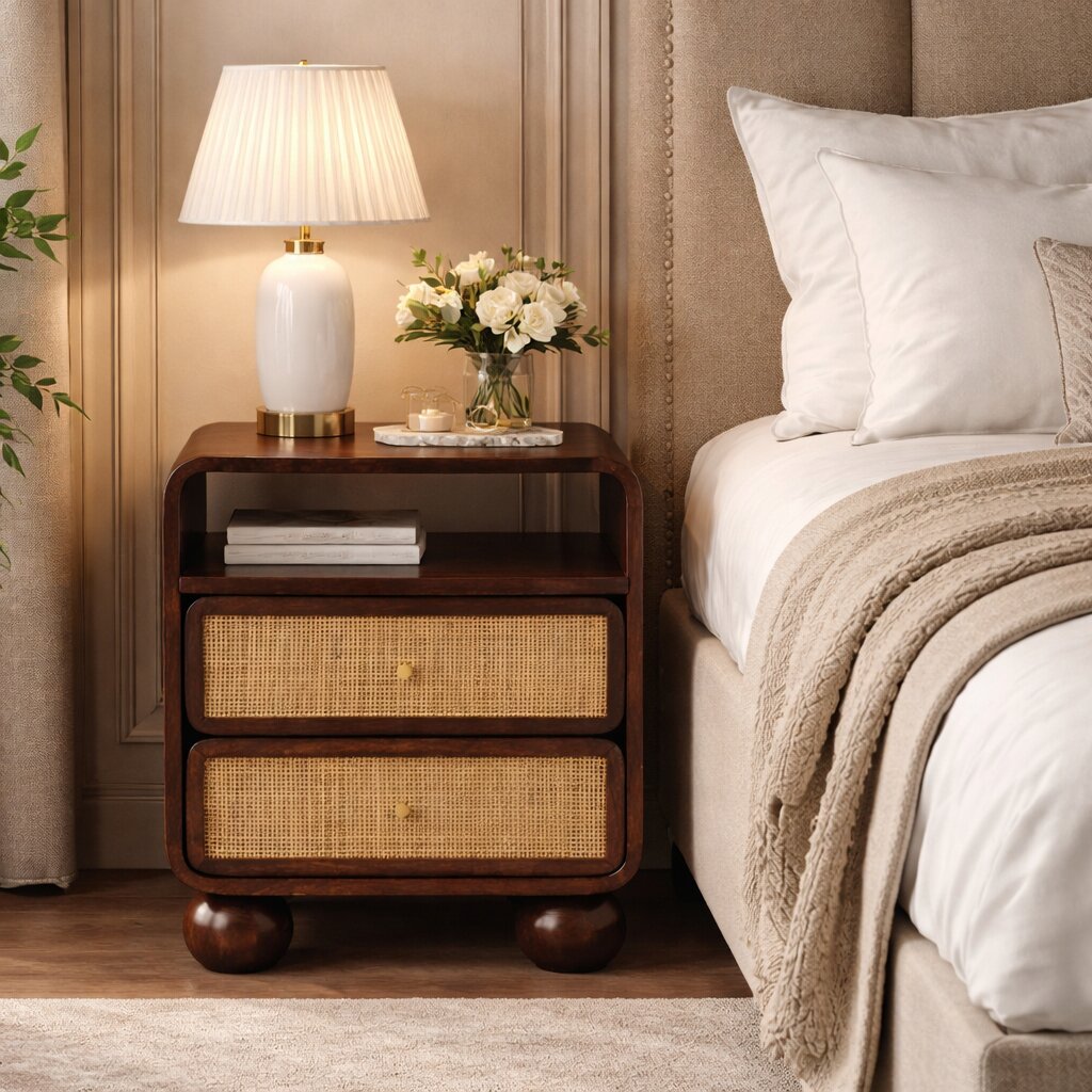 Solid Wood California Walnut Rattan Bedside