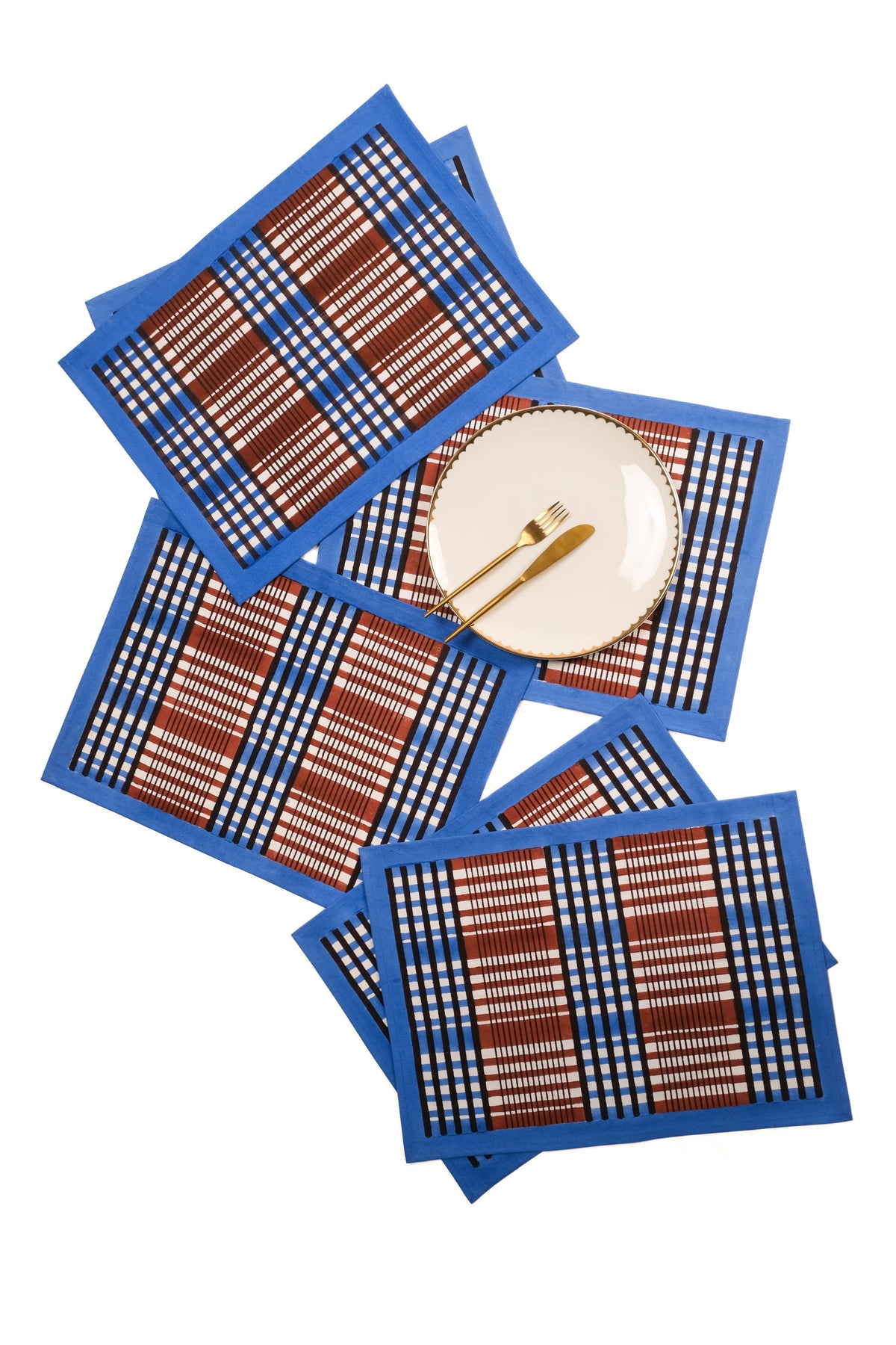 Shetland Plaid Blockprint Placemat in Brown and Blue, Set of 2