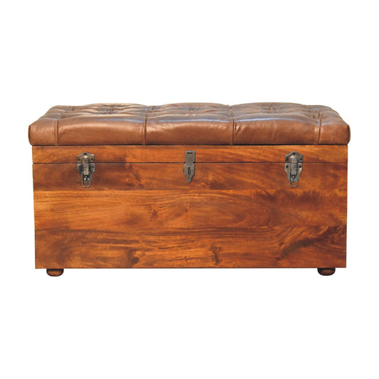 Solid Wood Buffalo Leather Upholstered Hide Chestnut Storage Trunk