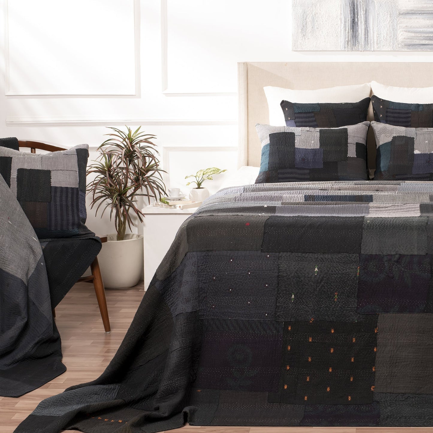 Landscape Fray Patch Handmade Vintage Kantha Throw - Black