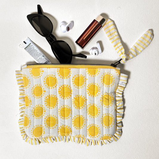 Quilted Cotton Travel Pouch with Sun Print and Ruffle Trim