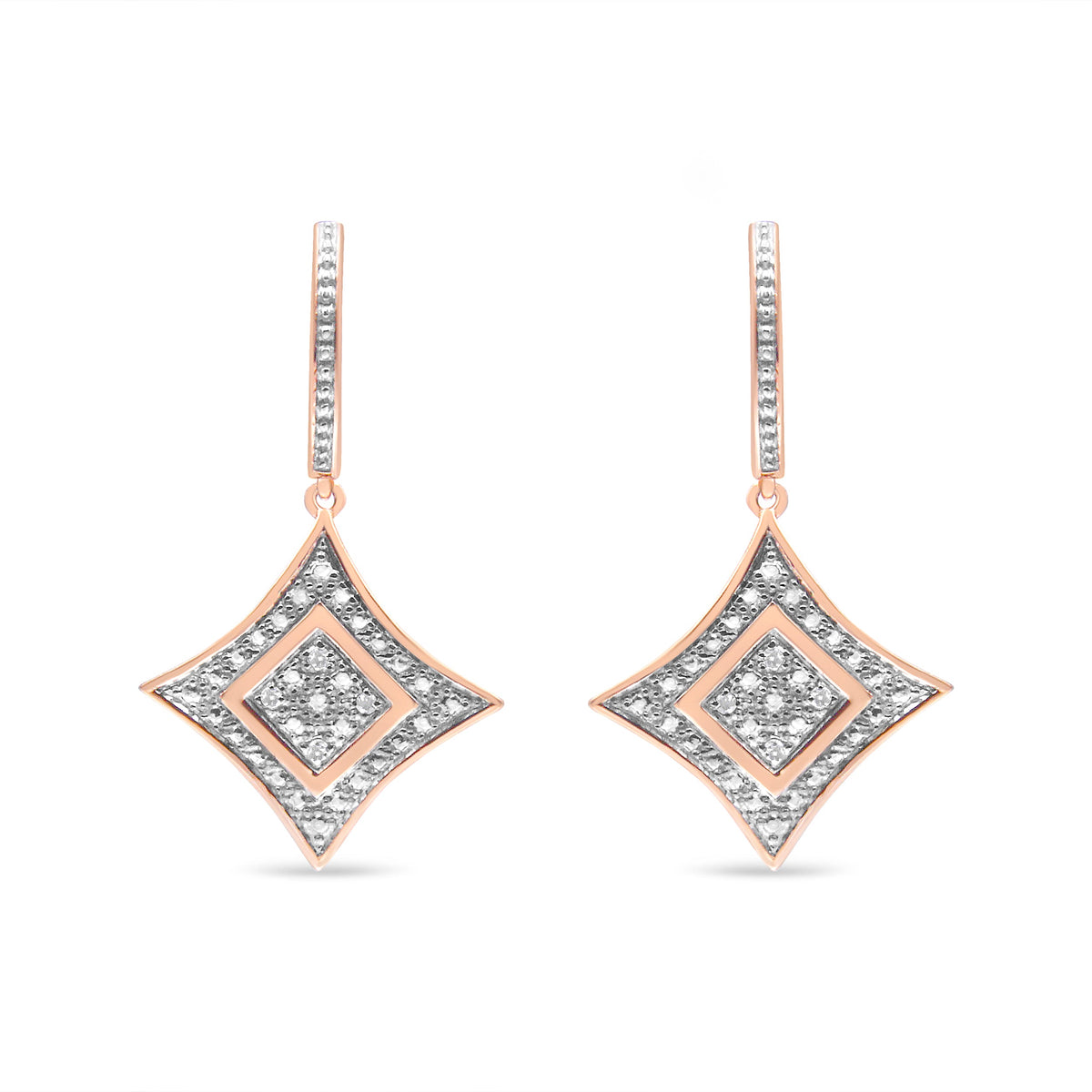 10K Rose Gold Plated Sterling Silver Round Cut Diamond Cushion Dangle Earrings (0.04 cttw, H-I Color, I2-I3 Clarity)