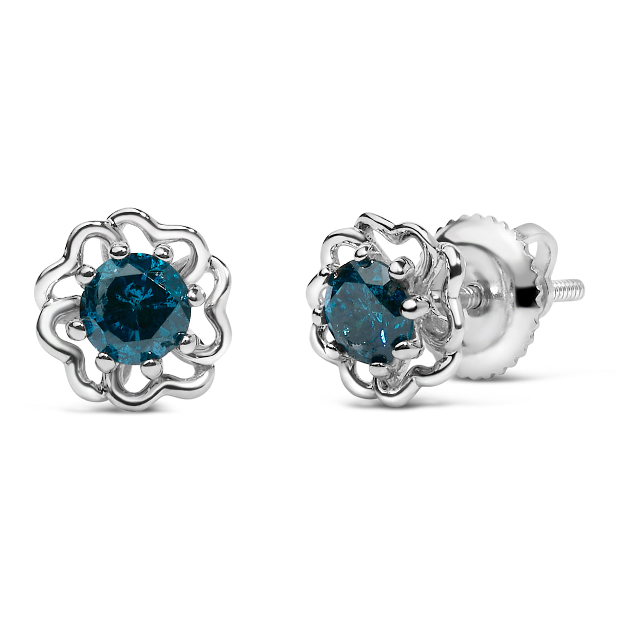.925 Sterling Silver 1/2 Cttw Blue Diamond with Openwork Floral Halo Stud Earrings
