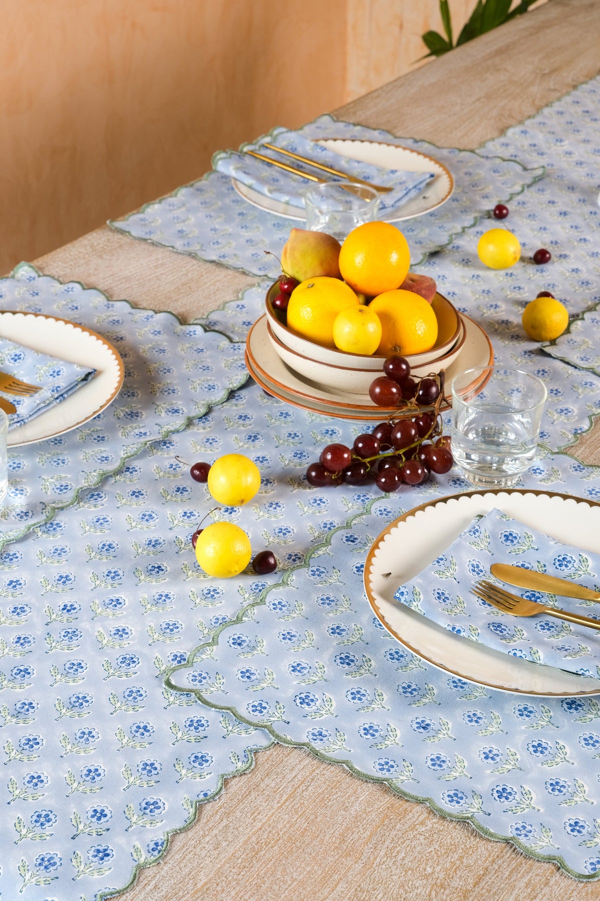 Mona Scallop Embroidered Blockprint Table Runner in Blue