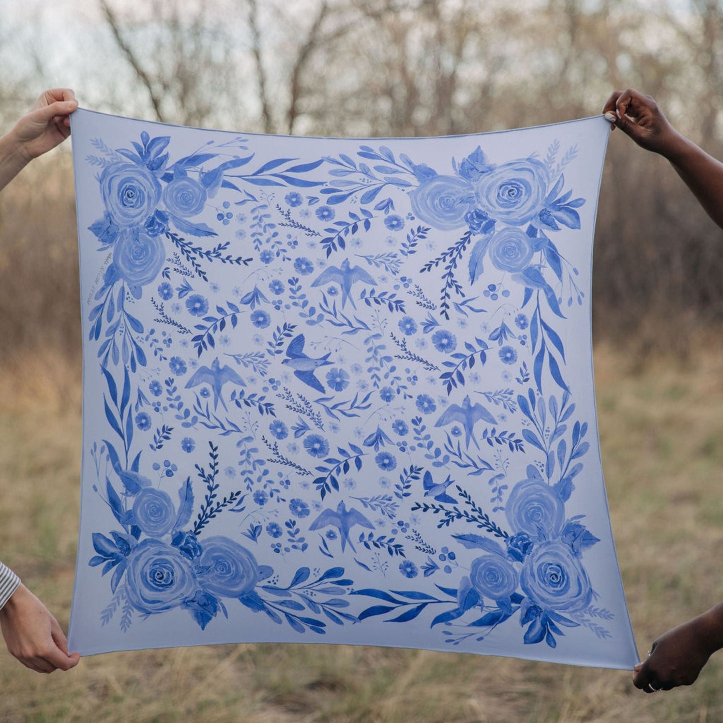 100% Silk Scarf: Zephyr - Blue Floral Bird Pattern