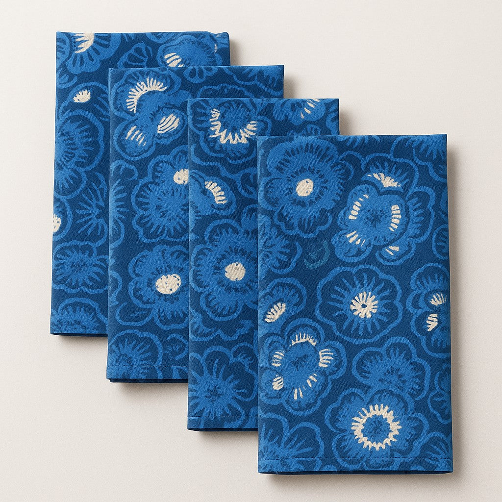 Batik Cloth Napkin Set of Four, Blue Roses, Hand Dyed, 100% Cotton