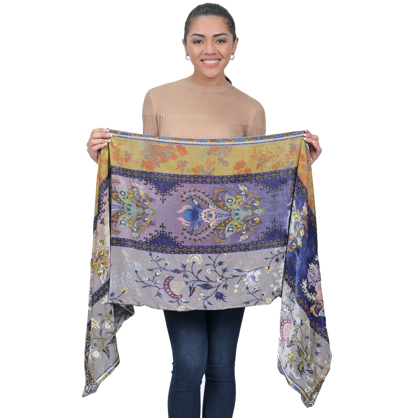 Vintage Bloom Tapestry Style Scarf - Grey