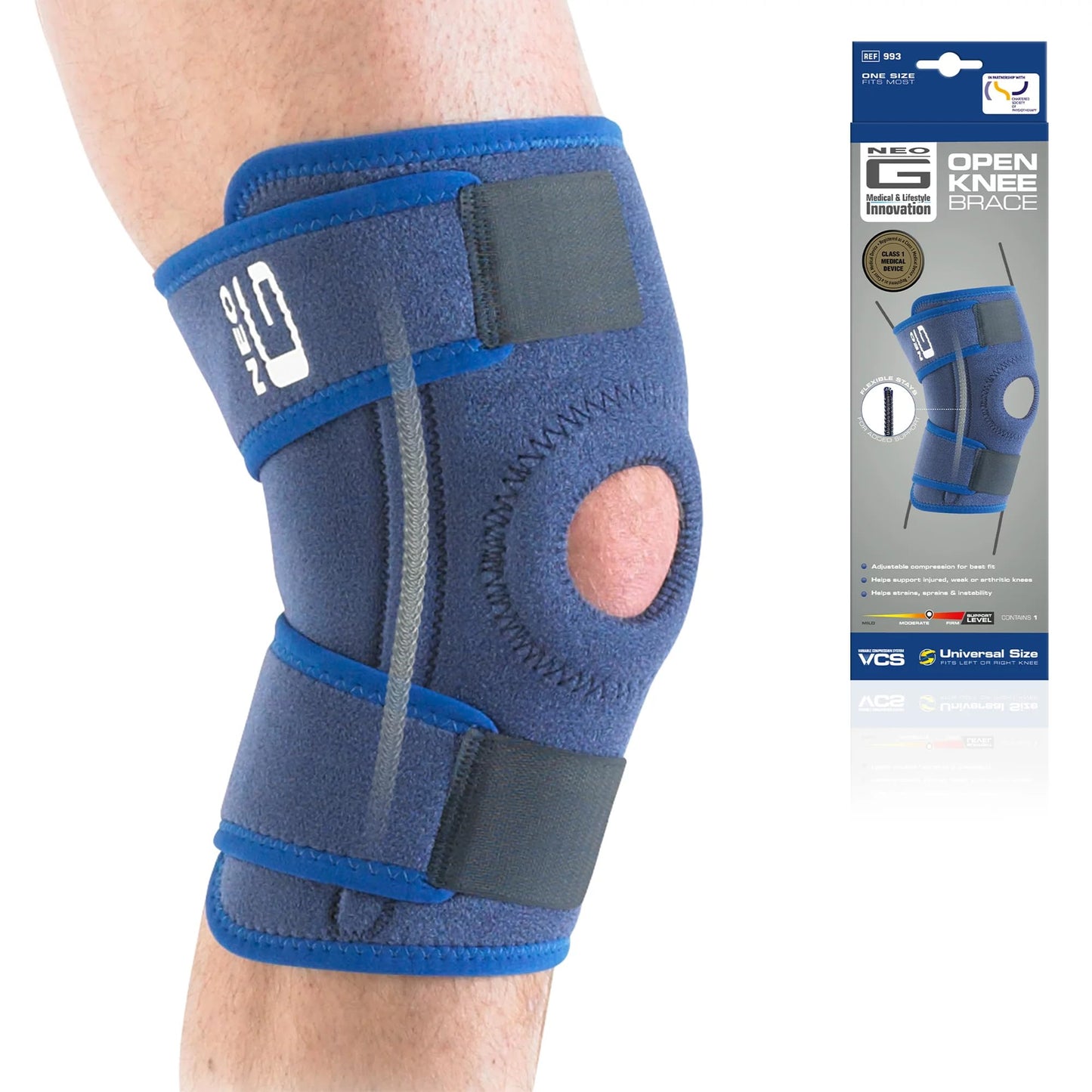 NEO G ADJUSTABLE OPEN KNEE SUPPORT - UNIVERSAL ONE SIZE (OSFA)