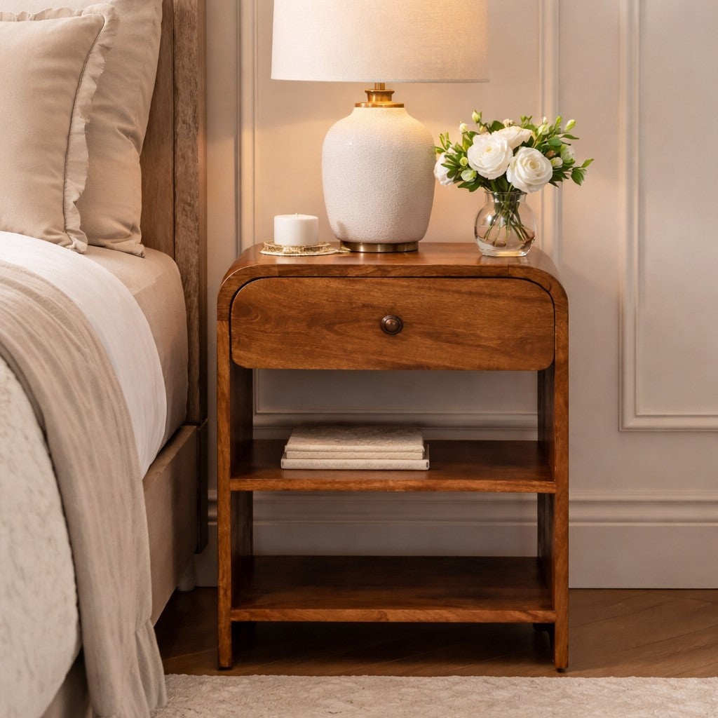 Solid Wood Open Shelf Bedside with Drawer