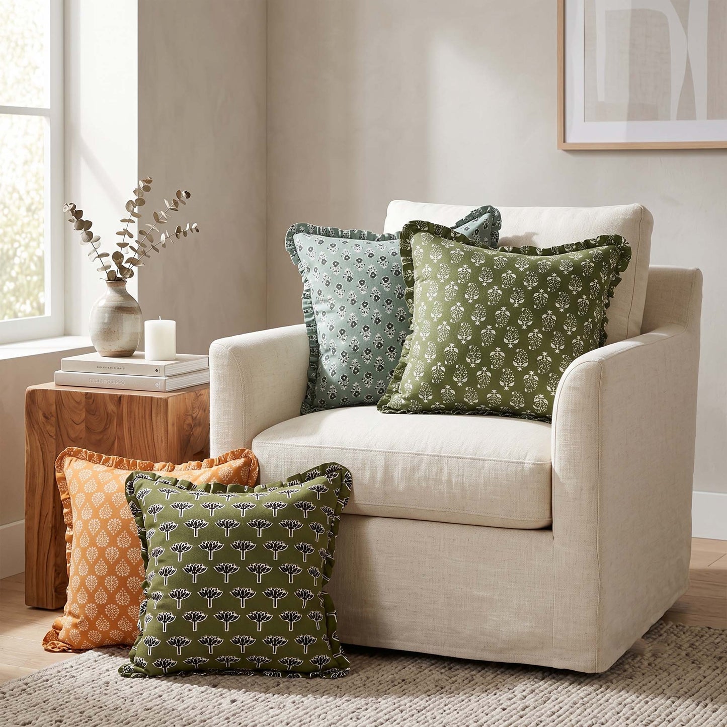 Block-Printed Pillow Cover | 20x20 Ruffled Cotton, Hidden Zipper