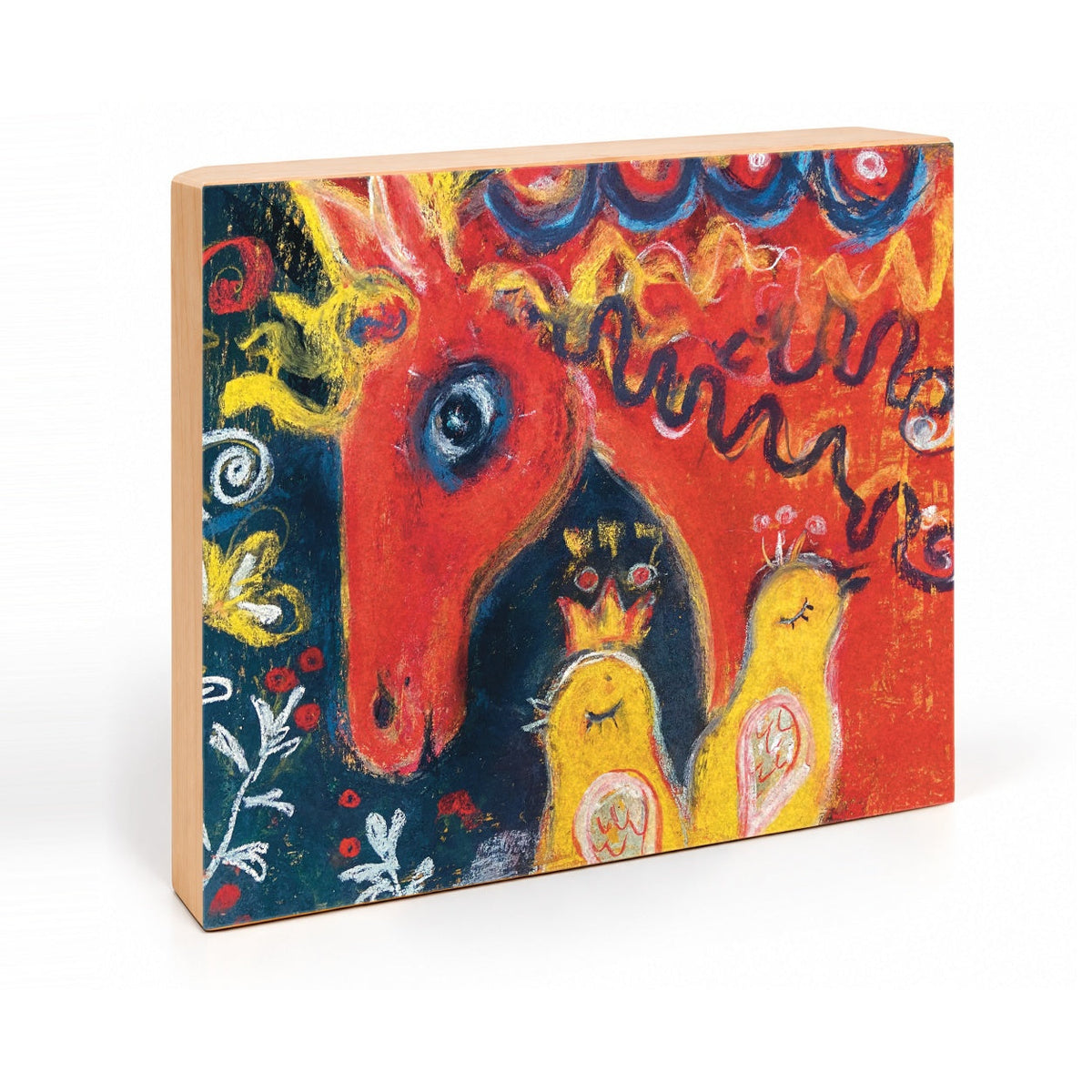 Horse and Birds: Whimsical Folk Art Print on Board, Red and Yellow Nursery Art