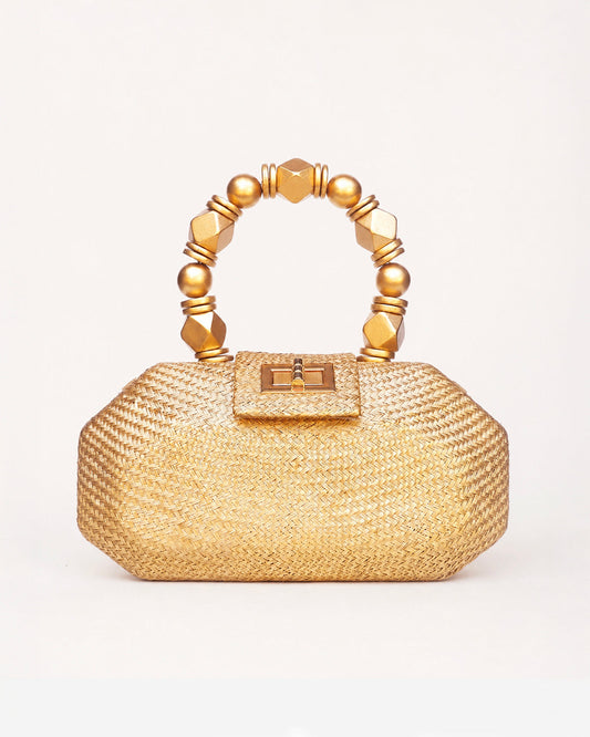 THE MELIA — Gold Woven Straw Clutch with Beaded Top Handle
