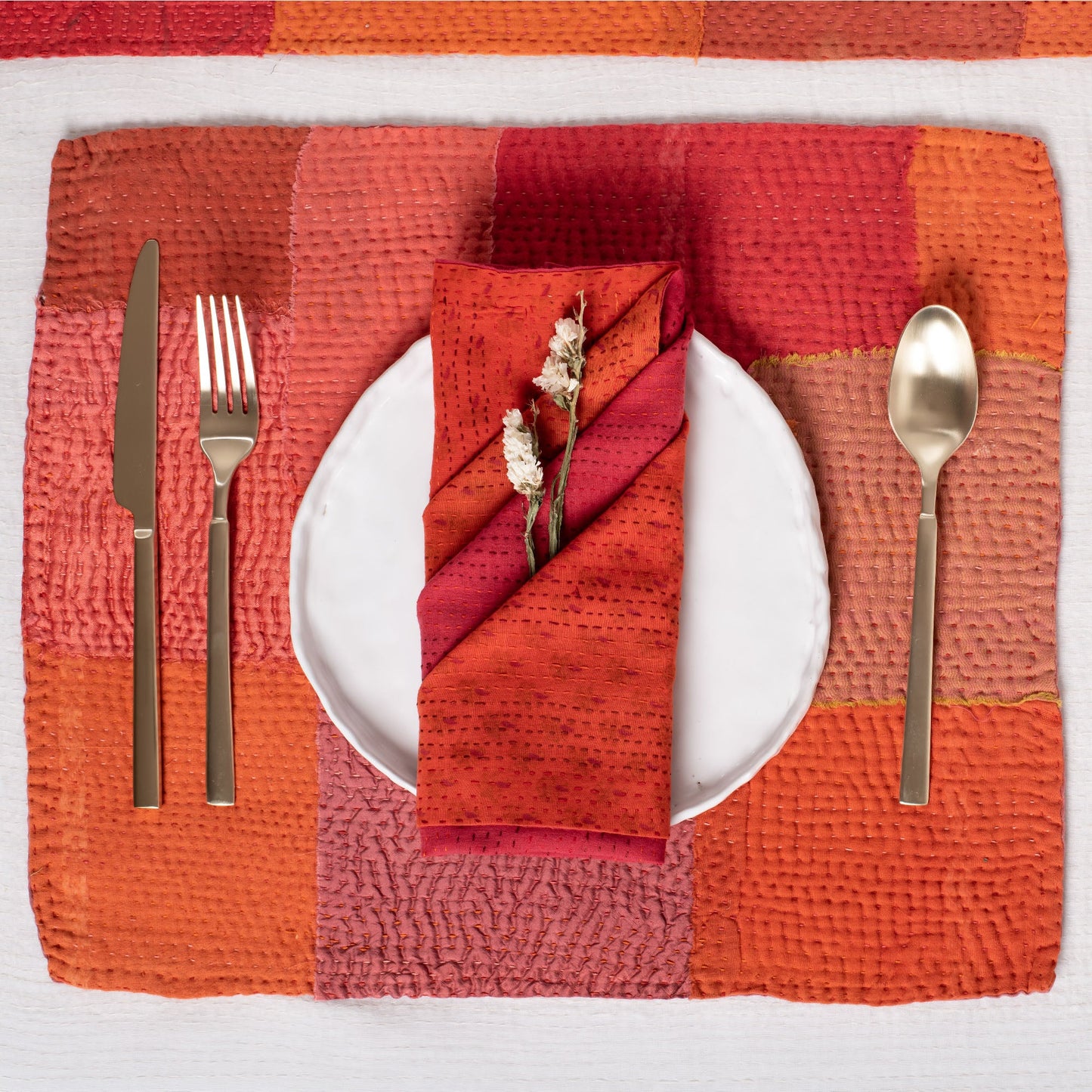 S/2 Mosaic Fray Patch  Vintage Kantha Placemat - Carrots