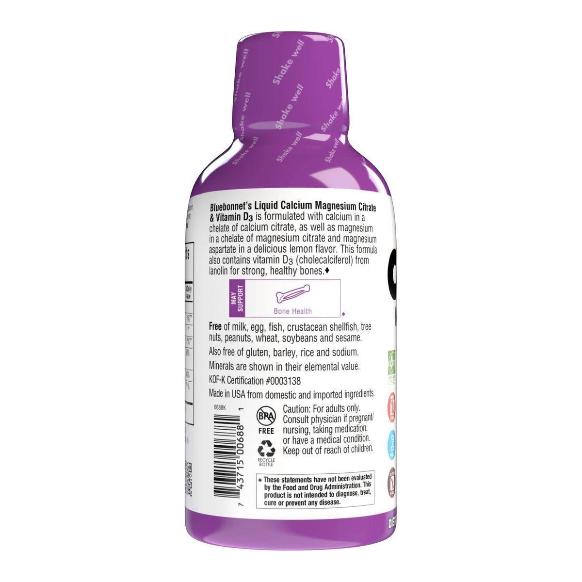 Bluebonnet Kosher Calcium Magnesium Citrate Plus Vitamin D3 Liquid Strawberry Flavor 16 oz