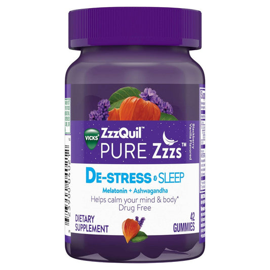 Vicks Pure Zzzs De-Stress & Sleep Melatonin + Ashwagandha Gummies - Blackberry Vanilla