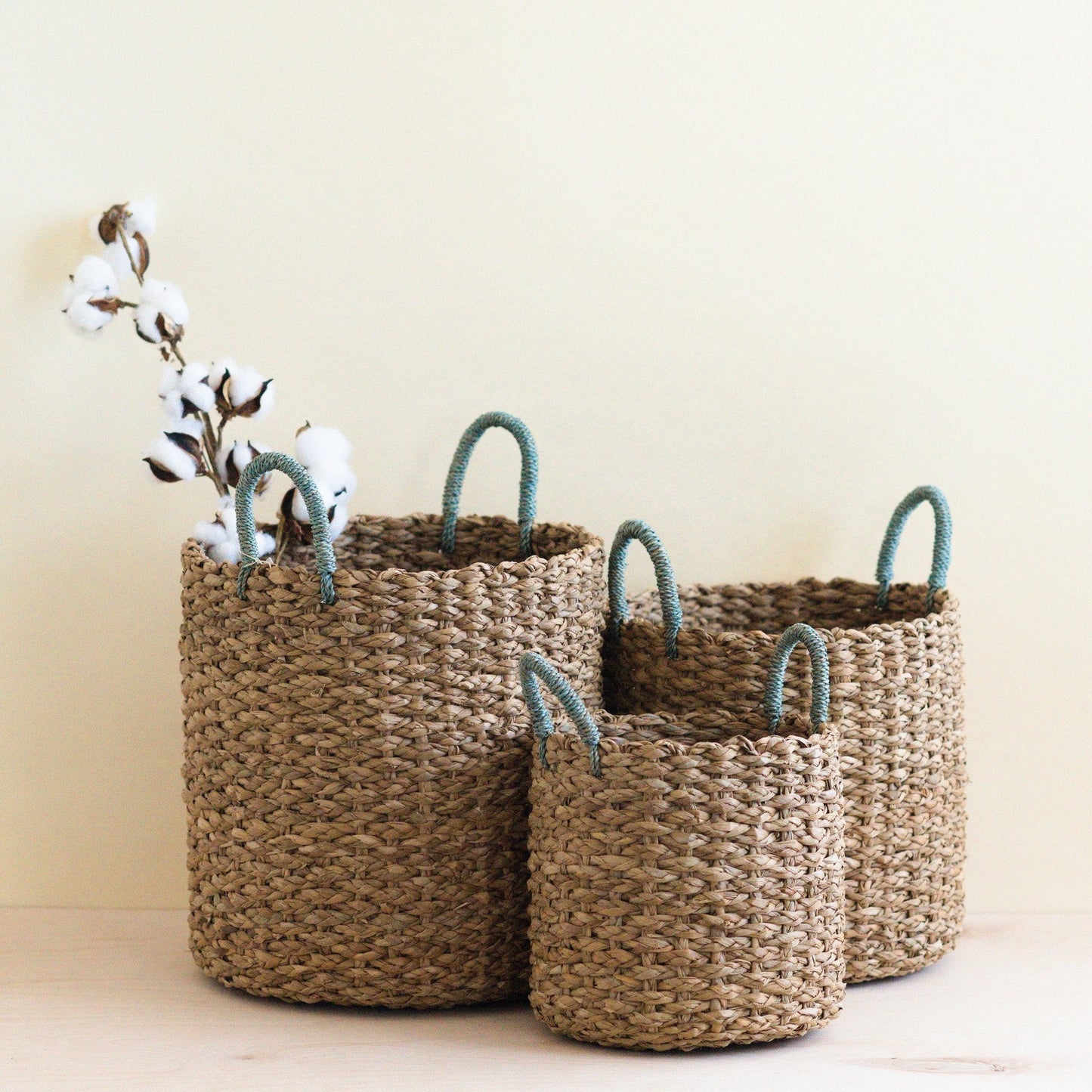 S/3 Seagrass Woven Baskets with Sky Blue Handle