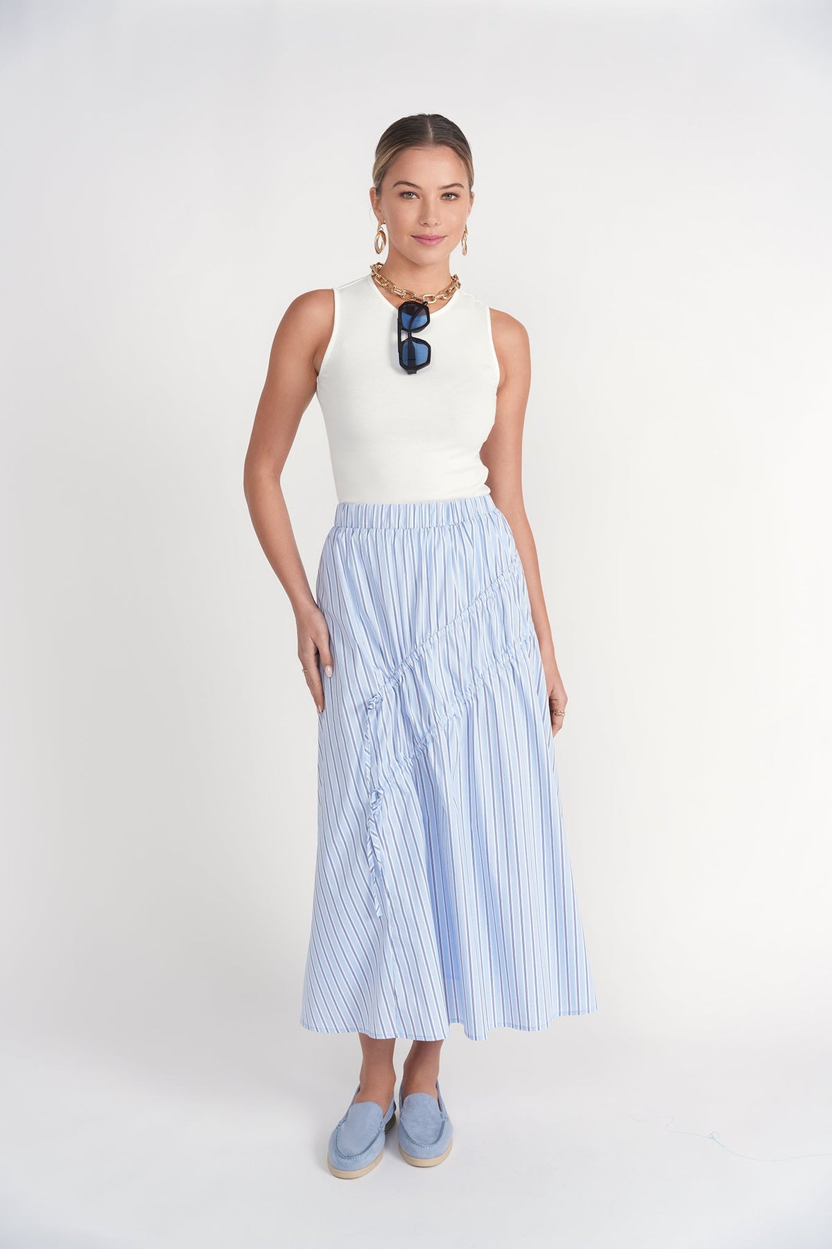 Double Drawstring Maxi Skirt- Blue Pinstripes