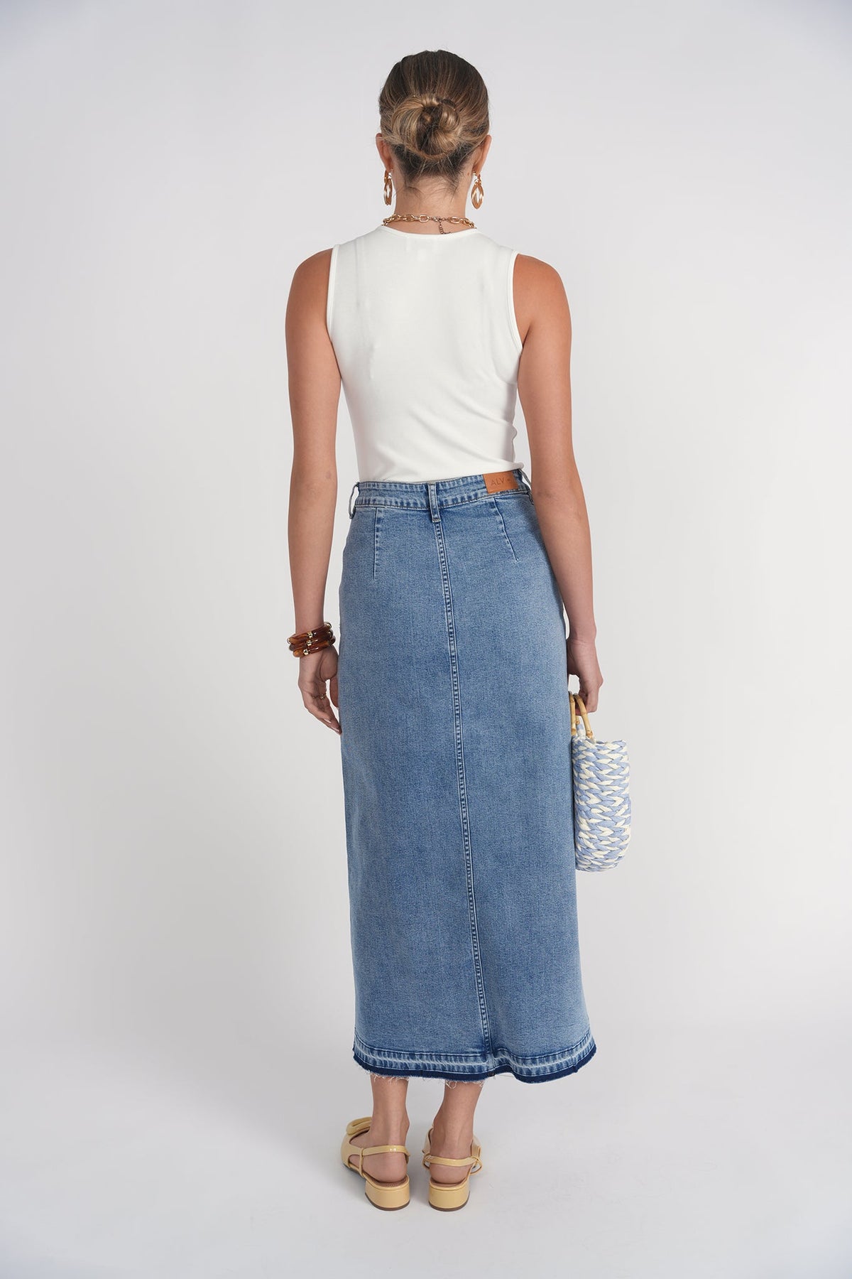Fray Detail Denim Skirt- Light Wash Blue Denim